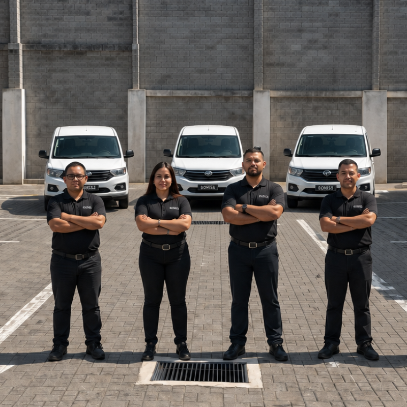 Equipo de BONISA junto a sus vehículos de distribución