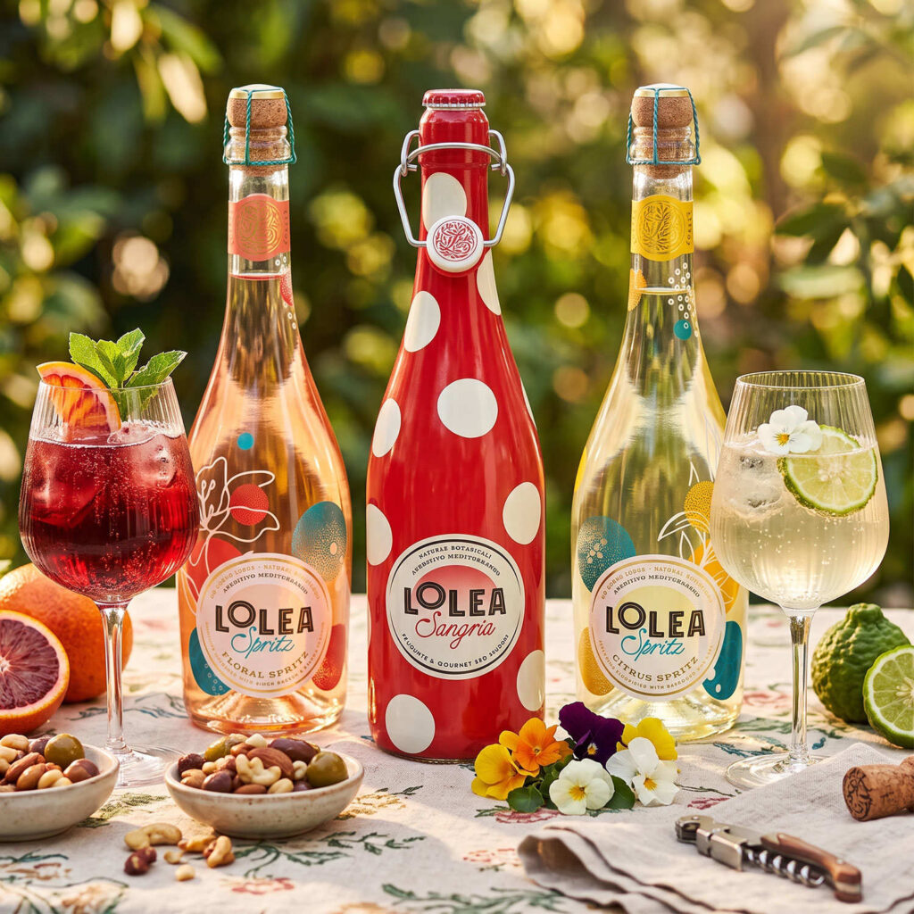 Botellas y copas de LOLEA servidas en una mesa