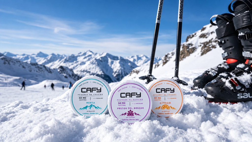 Tres presentaciones CAFY de pouches de cafeína en la nieve